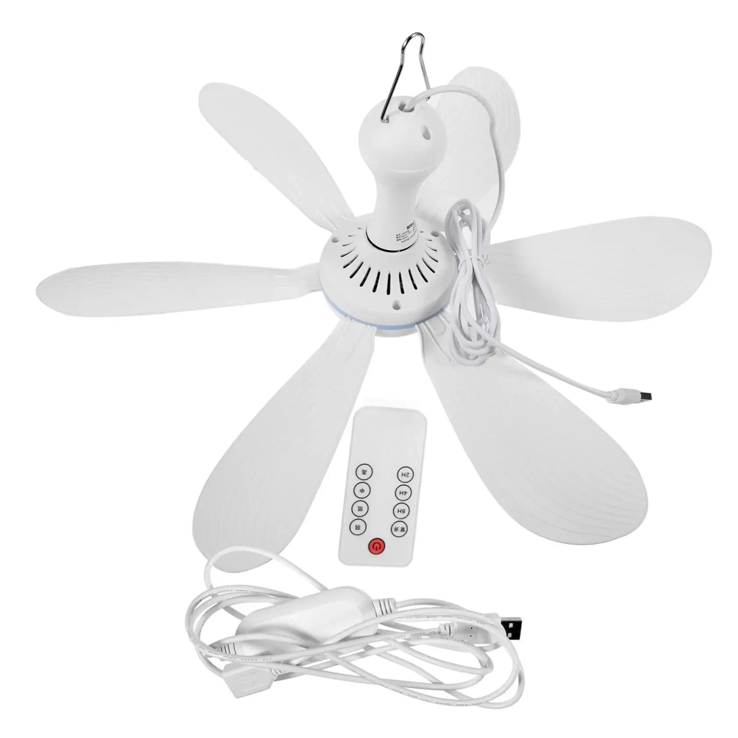XIAOTREE Silent 6 Leaves USB Ceiling Fan, Optional Remote Control Timing, 4 Speed Hanging Fan for Camping Dormitory Tent