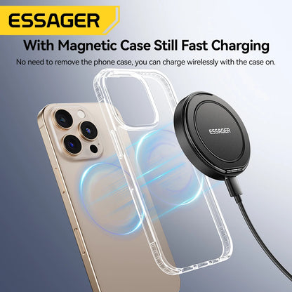 Essager Magnetic Wireless Charger With Holder 15W Fast Charging For iPhone17 16 15 14Pro Max Airpods Mini Wireless Phone Charger