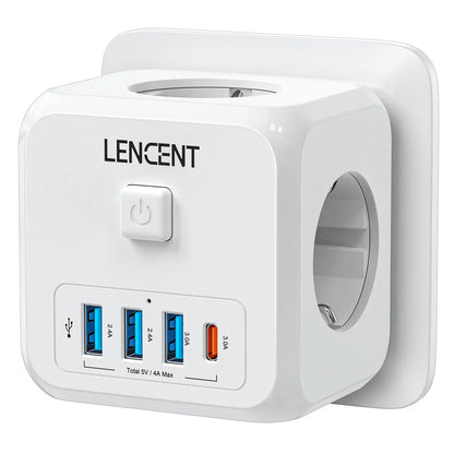 LENCENT Multi USB Wall Socket Cube with 3AC Outlets USB-A and Type C 7-in-1 Power Strip EU Plug Socket On/Off Switch for Home