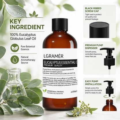 Natural Eucalyptus Essential Oil,Diffuser Friendly for Air Purify,Massage & Aromatherapy for Shower,Diffuser, Massage, with Pump