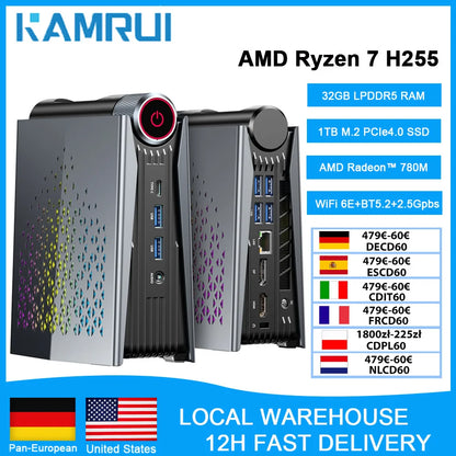 KAMRUI Mini Gaming PC AMD Ryzen7 H255 32GB LPDDR5 1TB M.2 PCIe SSD Wifi6E BT5.2 2.5GLAN Radeon 780M 8K Win11pro Desktop Computer