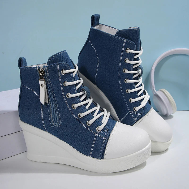 Women's Platform Wedge Heel High Top Sneakers Blue Denim Casual Canvas Shoes Woman Fashion Thick Sole Lace Up Vulcanized Shoes