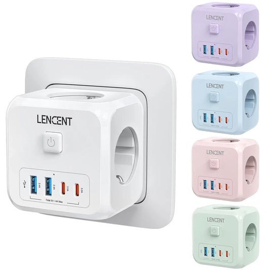 LENCENT 3 compartment USB socket sockets adapter multiple socket sockets bar dice with 2 USB A & 2 Type-C ports