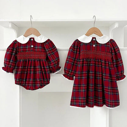 New Year's Party Clothes ﻿Christmas Toddler Kids Baby Girls Clothes Sister Matching Xmas Bodysuit Dress Outfits Red Plaids Sets