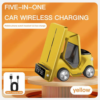 Wireless Charger 4 in 1 Forklift Design Fast Charging Dock with Alarm Clock Time For iPhone/iWatch/AirPods Pro