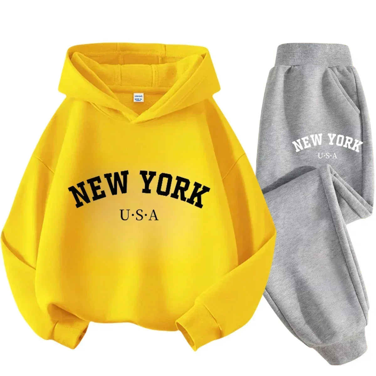 Autumn Warm New York Letter Cool Graphic Print Children Long Sleeve Hoodie +pant Suit 2pcs Set Sweatshirt Boy Girl Kid Sportwear