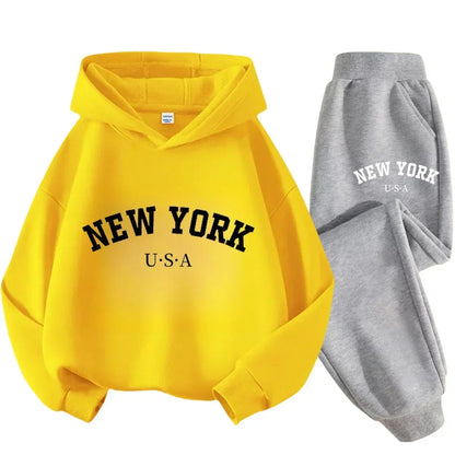 Autumn Warm New York Letter Cool Graphic Print Children Long Sleeve Hoodie +pant Suit 2pcs Set Sweatshirt Boy Girl Kid Sportwear