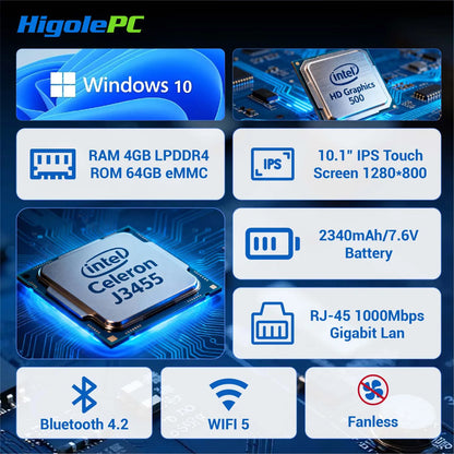 Higole F6APL 10.1'' Fanless Mini PC Intel J3455 Windows 10 WiFi5 4GB 64GB 2340mAh 4K RS-232 RJ45 Laptop Desktop PC Mini Computer