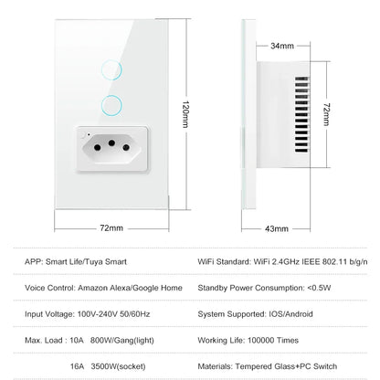AVATTO Tuya WiFi Smart Light Switch with Socket,Brazil Stand 16A Touch Button Wall Switch,Work for Alexa Google Home