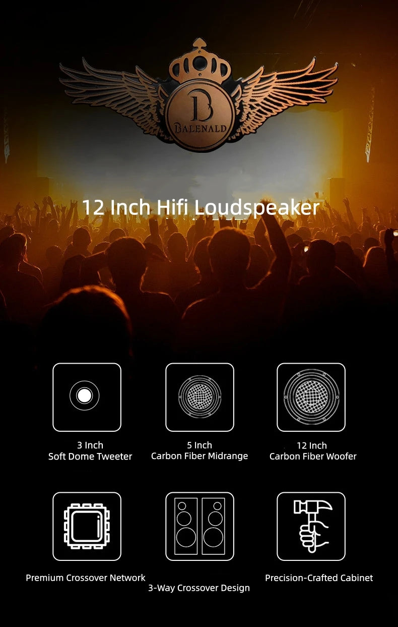 BN-186 3-Way Hi-Fi Floor Standing Speakers, 12-Inch Passive Tower Audiophile System for Home Audio