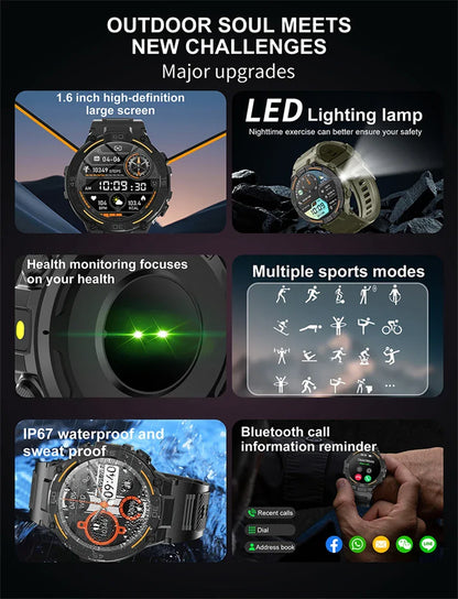 2025 New Sport Smart Watch Men 360*360 HD Screen Flashlight Health Monitoring IP68 Waterproof Heart Rate BT Call Smartwatch Man