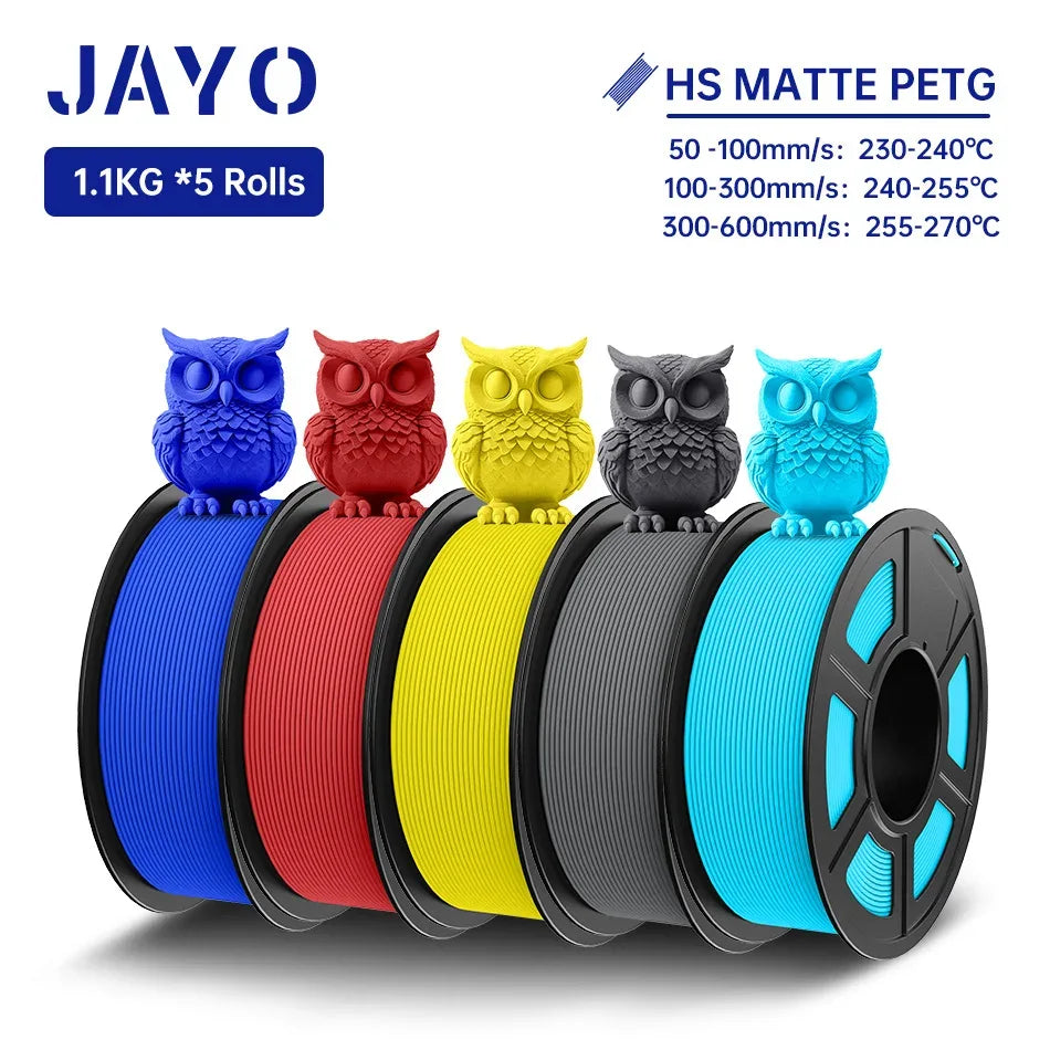JAYO PETG 3D Filament 1.75MM High Speed PETG 3D Printer Filament 5Rolls High Flow Speedy Matte Effect 3D Printing Mateials