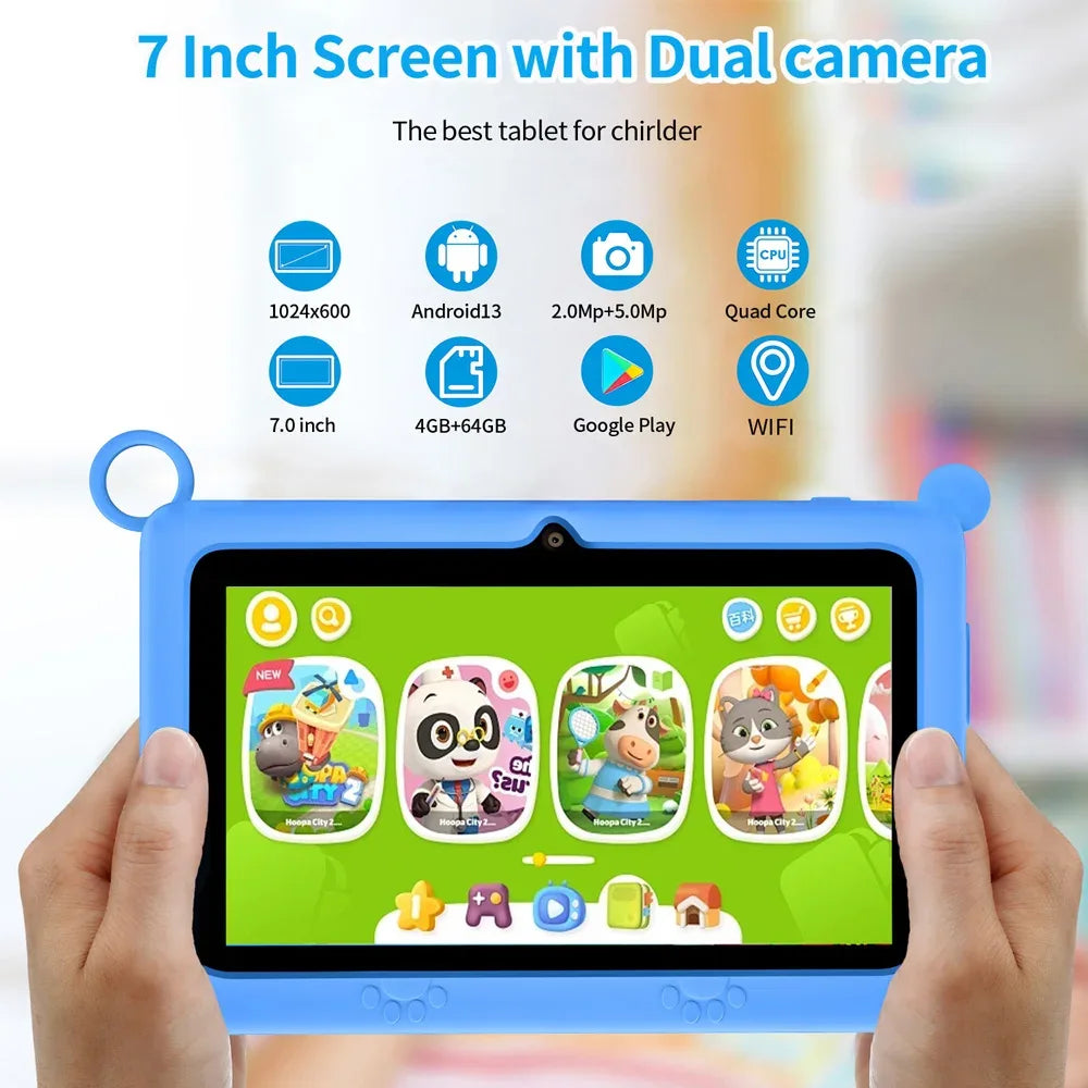 New 5G WIFI Children's Learning 7.0-inch Tablet 4GB RAM 64GB ROM Quad Core Mini Tablet with Leather Case Supports Games 4000mAh