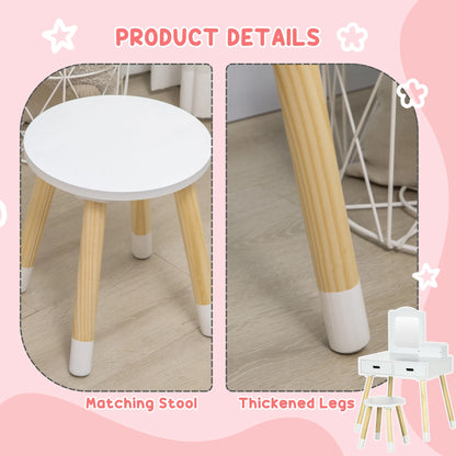 Zonekiz Dressing Table for Girls 3-6 Years Old with Stool and Mirror 60X40X95 cm White