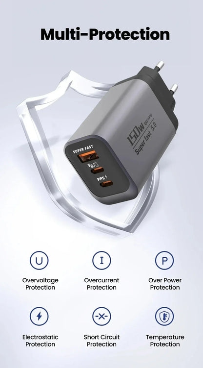 Multi Ports USB Type C Fast Charger 150W Super Charging Wall EU/US/UK Plug Charger Quick Charge3.0 USB Adapter PD3.0 Charge Head