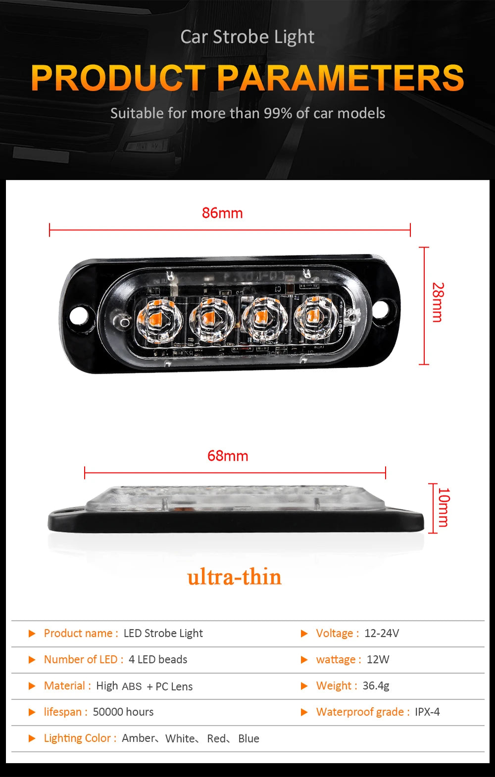 Car Grill Signal light FLASHING Warning Light trailer led lights 4 LED emergency lamp police strobe light TRUCK motorcycle SUV