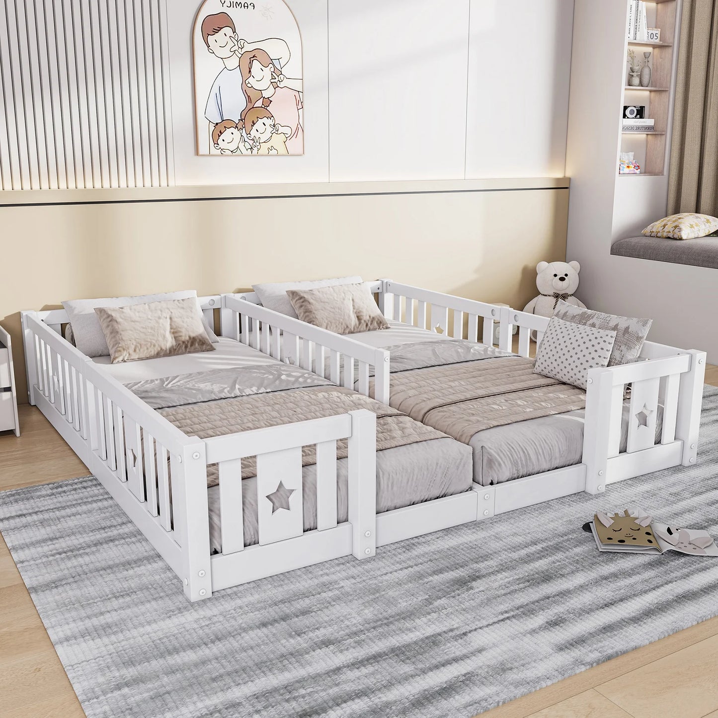 Rosahqnda Children's Bed Floor Bed 90x200cm with Railing Gate,Pine Wooden Bed for Families with 2 Children,Children's Twin Bed