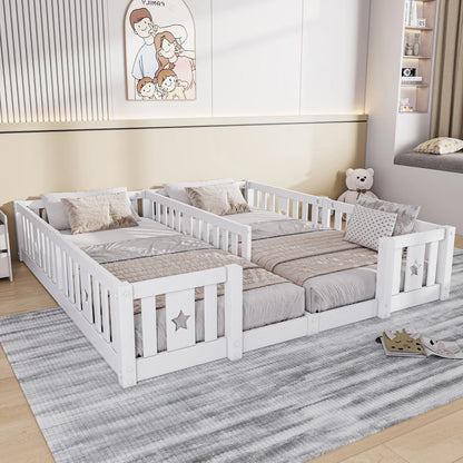 Rosahqnda Children's Bed Floor Bed 90x200cm with Railing Gate,Pine Wooden Bed for Families with 2 Children,Children's Twin Bed