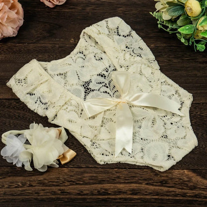 Baby Bow Lace Romper Headband Set Newborn Photography Props Bodysuit Jumpsuit with Flower Hair Band Infants Fotografie Outfits