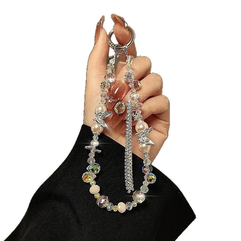 Butterfly Beaded Crystal Flash Drill Tassel Mobile Phone Lanyard Hand Chain Anti-Lost Rope Bag Hanging Accessory