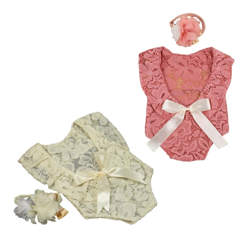 Baby Bow Lace Romper Headband Set Newborn Photography Props Bodysuit Jumpsuit with Flower Hair Band Infants Fotografie Outfits