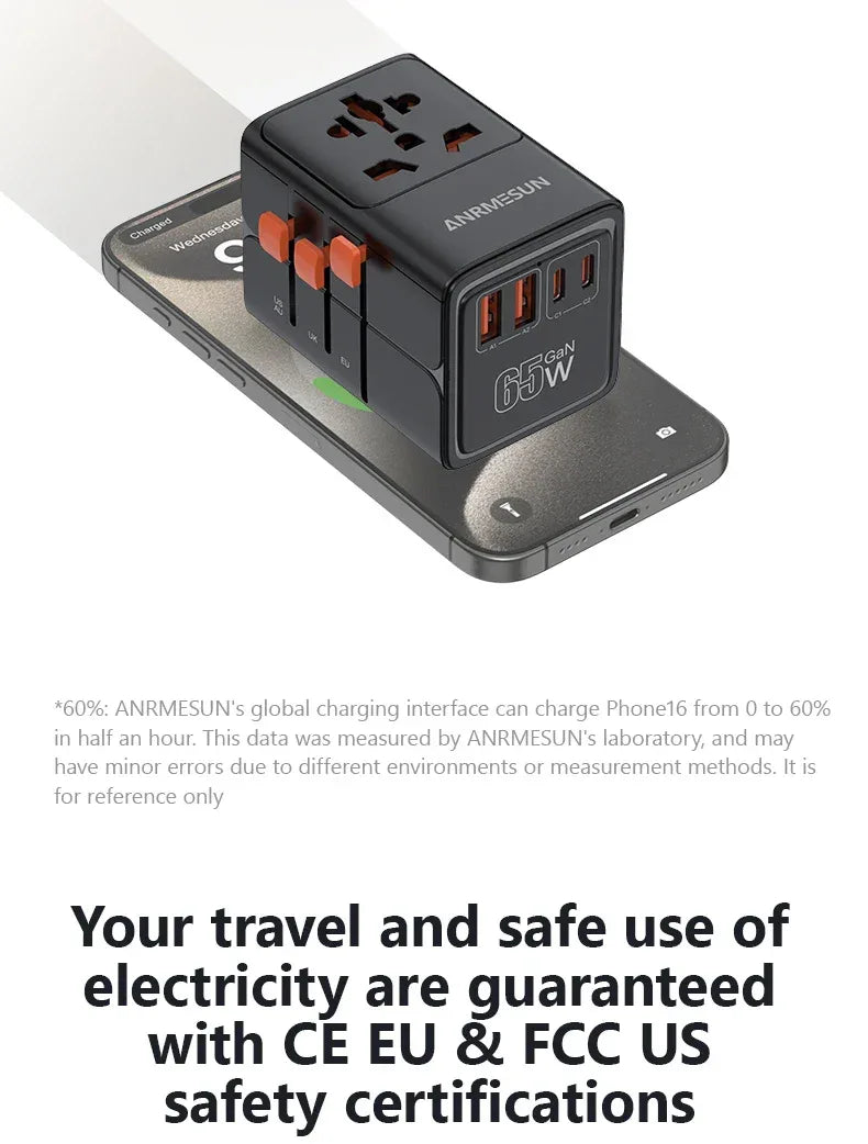 65W/45W/25W GaN Universal Travel Adapter with 2 USB 2 Type C Fast Charging All-in-one Travel Charger EU/UK/USA/AUS for Travel