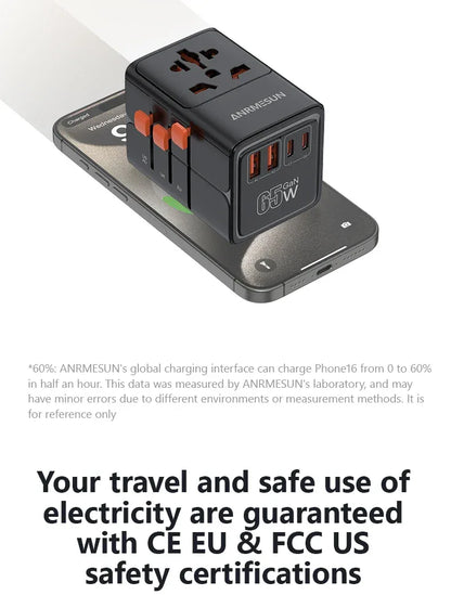 65W/45W/25W GaN Universal Travel Adapter with 2 USB 2 Type C Fast Charging All-in-one Travel Charger EU/UK/USA/AUS for Travel