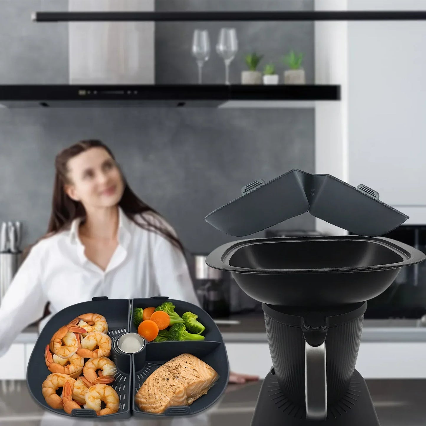 Silicone Grid Steaming Tray for Thermomix TM7, Silicone Divider Basket & Steam Pipe, Multilevel Cooking Accessories