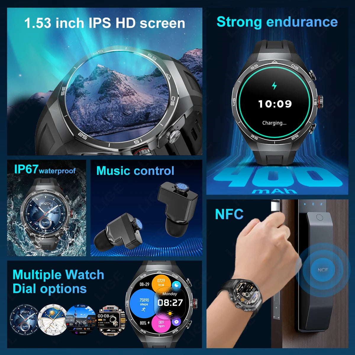 LIGE 2 In 1 Smart Watch With Earbuds NFC Smartwatch TWS Bluetooth Earphone Heart Rate Blood Pressure Monitor Sport Fitness Watch