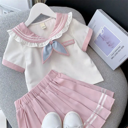 2025 autumn winter sailor T shirt blouse + jk pleated skirt toddler girls cotton teenager children  6 7 8 9 10 11 12 year