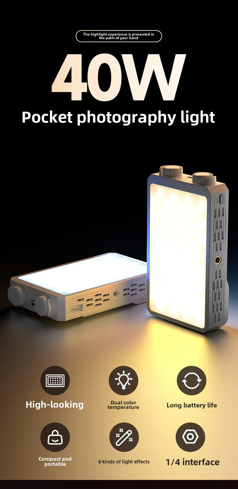Portable LED video light 40W mini small portable fill light with built-in rechargeable battery, which can charge mobile phone PD