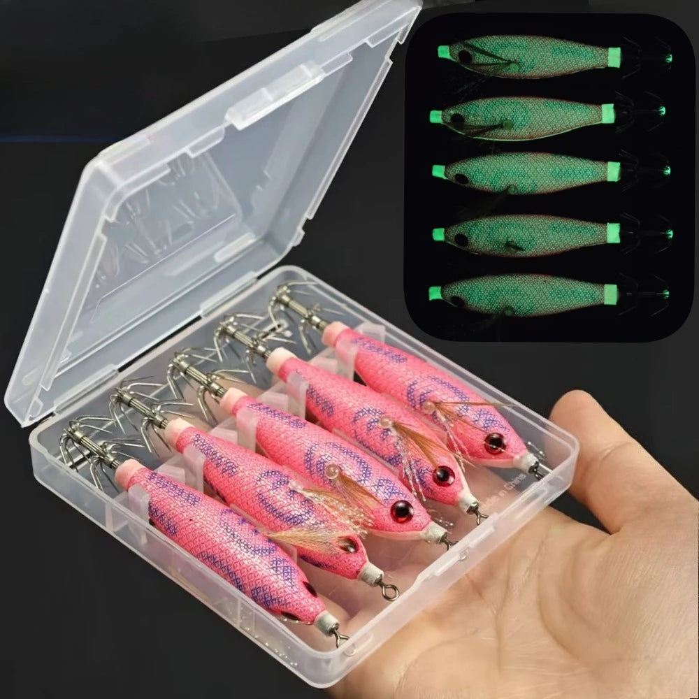 5pcs/box Horizontal Egi Set 8cm Glow Horizontal Squid Jig Real Shrimp Fishing Lure Saltwater Cuttlefish UV Shrimp Octopus Baits