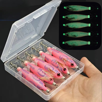 5pcs/box Horizontal Egi Set 8cm Glow Horizontal Squid Jig Real Shrimp Fishing Lure Saltwater Cuttlefish UV Shrimp Octopus Baits