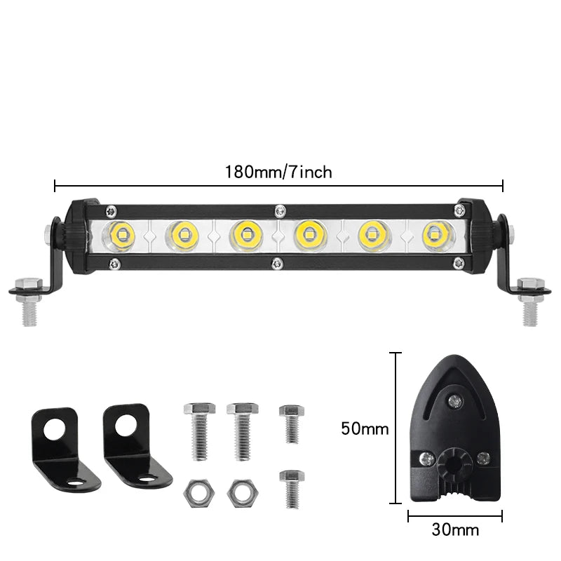 12-24V High Bright Universal Car Work Light 7inch 18w Work Light Bar LED Strip Lamp for Truck SUV Motorcycle Offroad Car