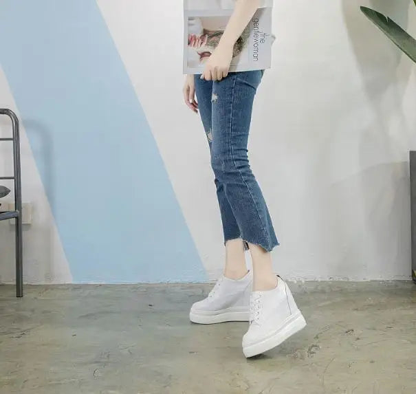 Genuine leather 10cm Increase Flat Platform Shoes Female Thick Sole Students Casual Shoes Woman  Lace Up Solid   Women Shoes