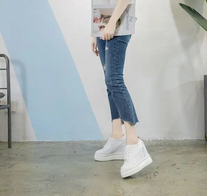 Genuine leather 10cm Increase Flat Platform Shoes Female Thick Sole Students Casual Shoes Woman  Lace Up Solid   Women Shoes