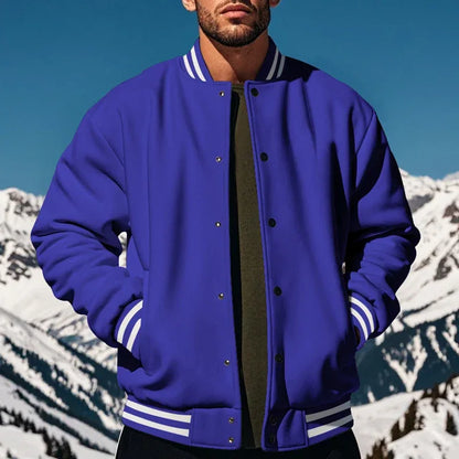 Men's Baseball Jacket with Stand-up Collar Button, Flight Jacket Monochromatic Loose, Casual, American Sports, Autumn and Winter