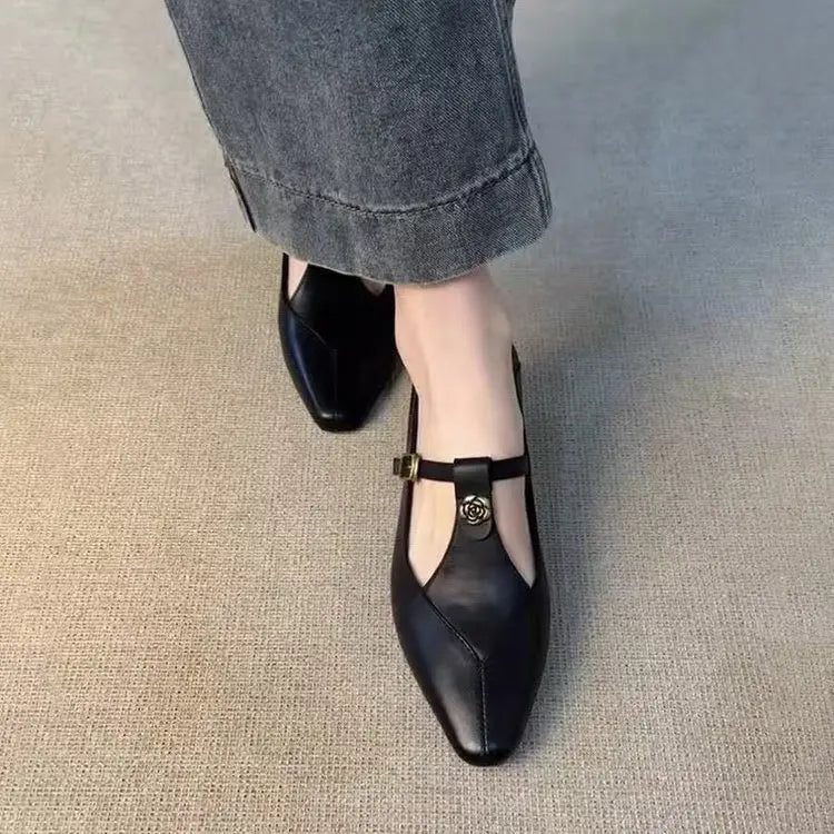Ladies Black Leather Mary Jane Flats with Metal Rose T-Strap Slip On Casual Ballet Shoes Women's Comfortable Flats