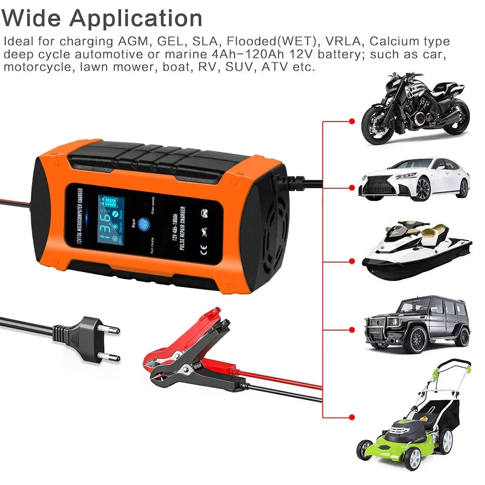 Pulse Repair Car Battery Charger 12V Output Current 10A Max Digital Display Summer Winter Mode Lead-Acid Battery Charger