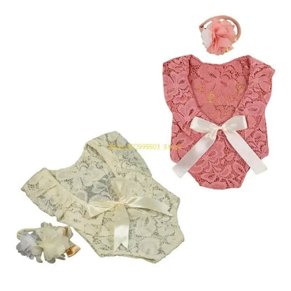 Baby Bow Lace Romper Headband Set Newborn Photography Props Bodysuit Jumpsuit with Flower Hair Band Infants Fotografie Outfits
