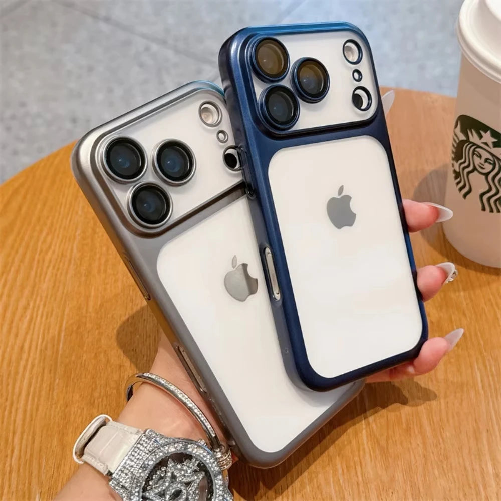 Luxury Transparent Matte Phone Case For iPhone 17Pro Air 17 16 15 14 13 12 11 Pro Max Lens Protection Metallic Color Frame Cover