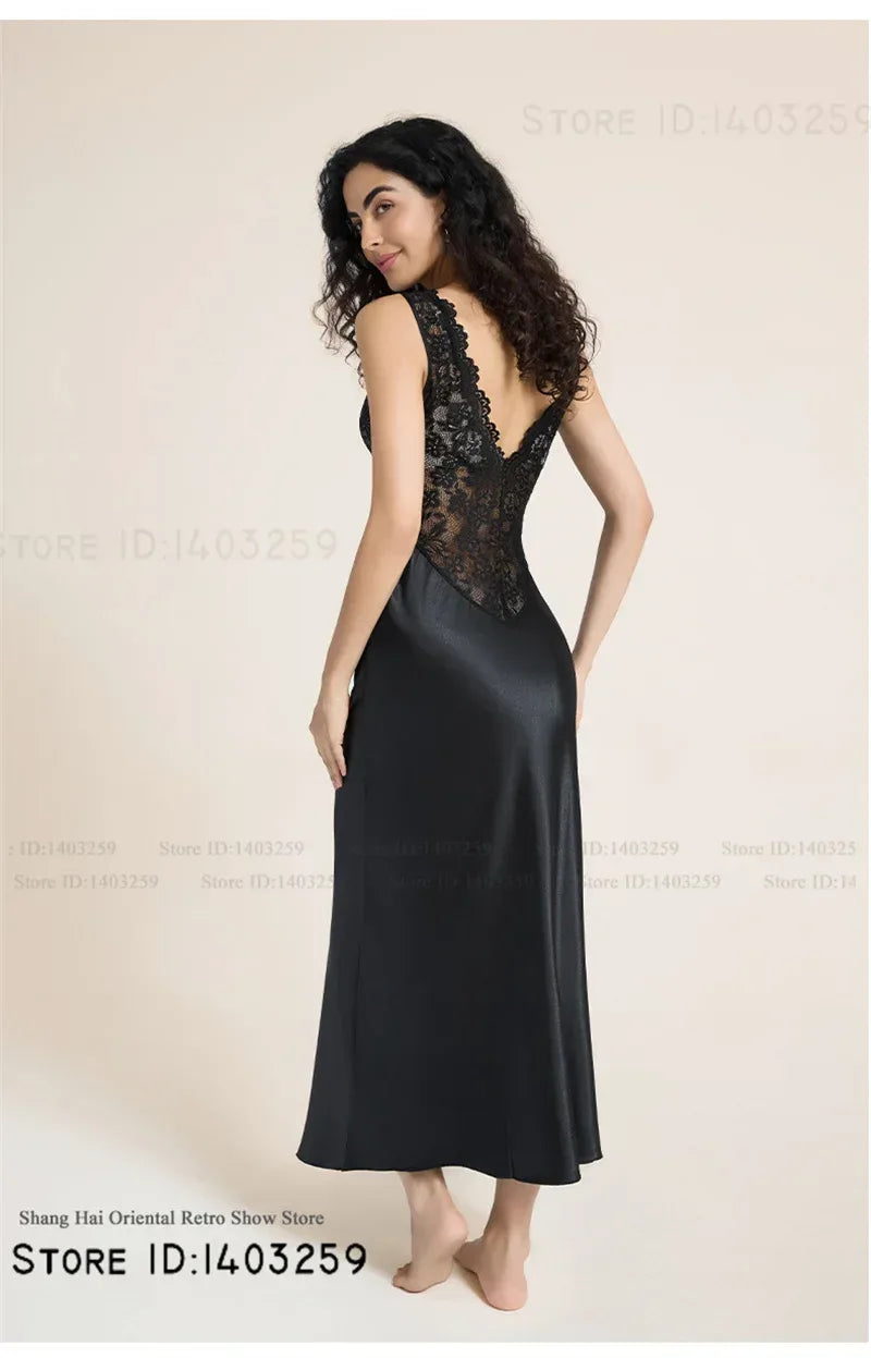 Elegant Female Long Nightgown Sleepwear Sexy Patchwork Lace Backless Nightdress Lingerie Summer New Silk Satin Homewear Nighty