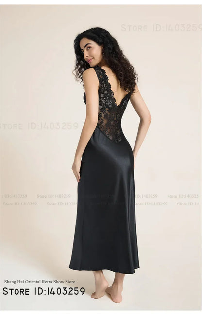 Elegant Female Long Nightgown Sleepwear Sexy Patchwork Lace Backless Nightdress Lingerie Summer New Silk Satin Homewear Nighty