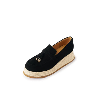 MKKHOU Fashion Loafers New High Quality Real Leather Suede Vintage Straw Braid Platform Shoes Daily Casual Light Shoes Neutral