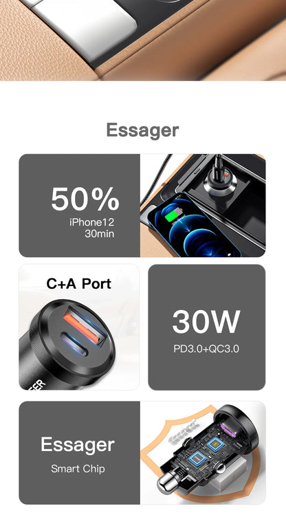 Essager USB Car Charger Quick Charge 4.0 QC4.0 PD3.0 SCP 5A Type C 30W Fast Car USB Charger For iPhone 13 12 Xiaomi Mobile Phone