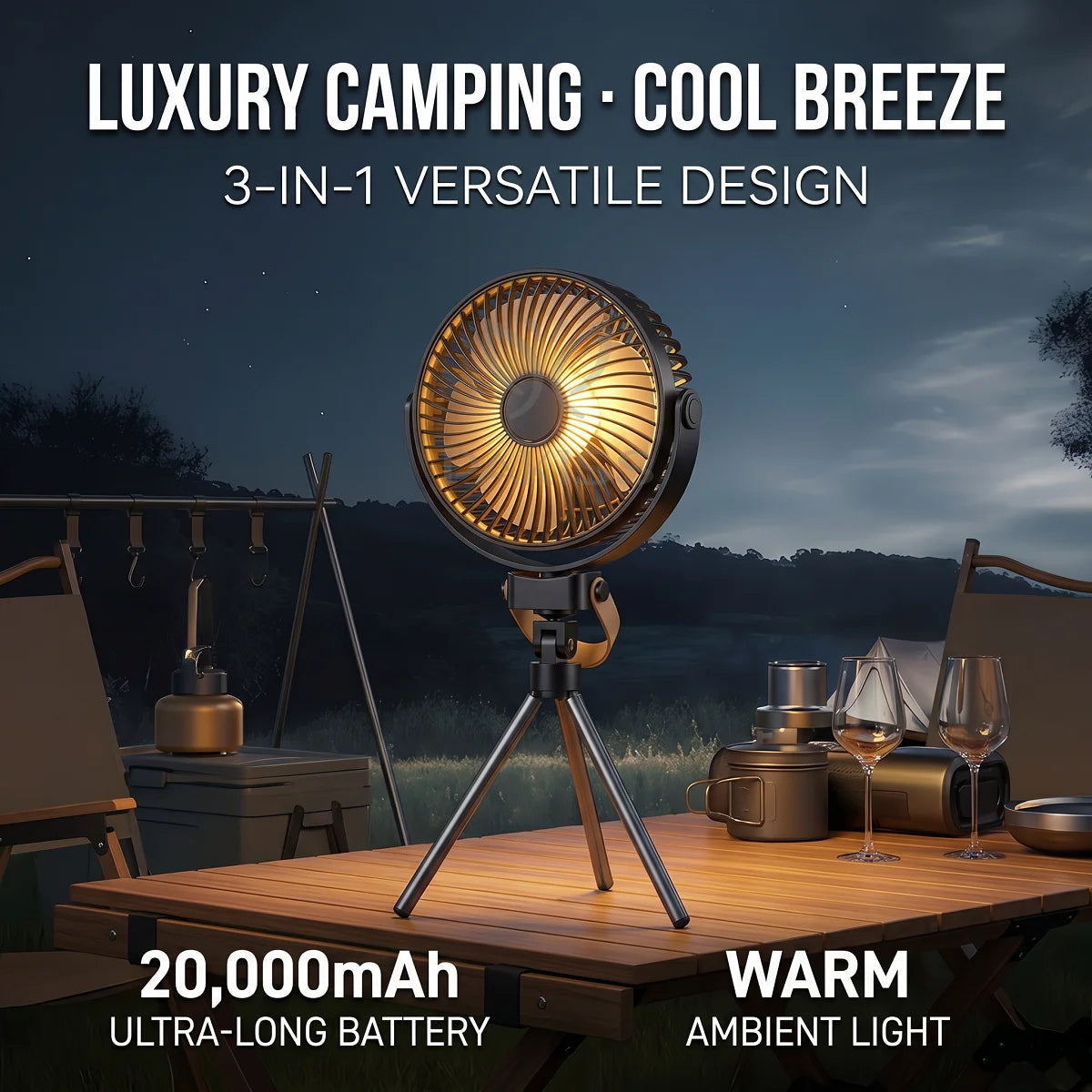 3-in-1 Tactical Camping Fan 1200mAh Battery Powered 4 Speeds 360° Rotation Outdoor Air Cooler with Warm Light for Travel BBQ