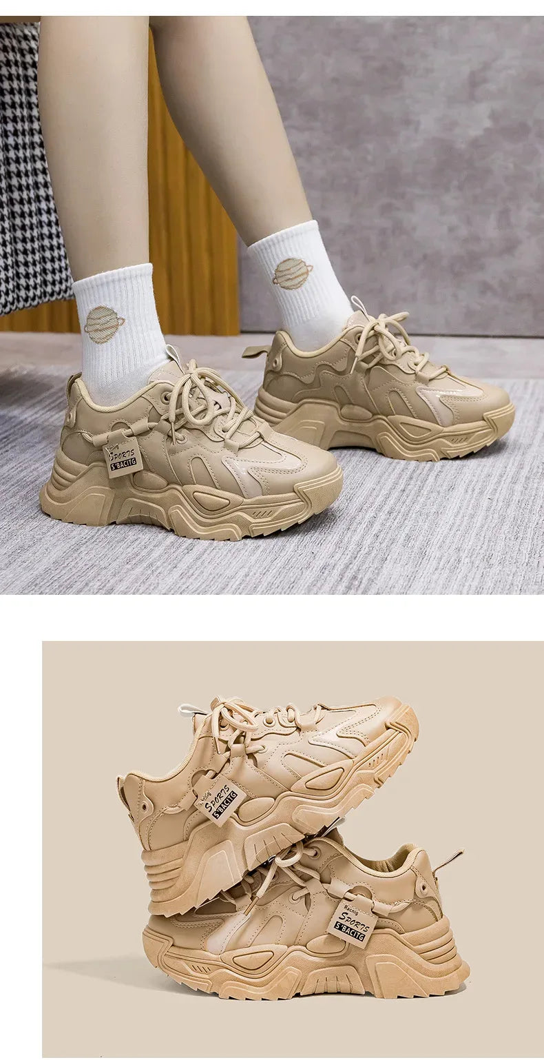 Women's Shoes Platform Autumn Leather 2025 New Versatile Black Casual Sneaker Solid Color Lace-up Vulcanize Shoes Tenis Feminino
