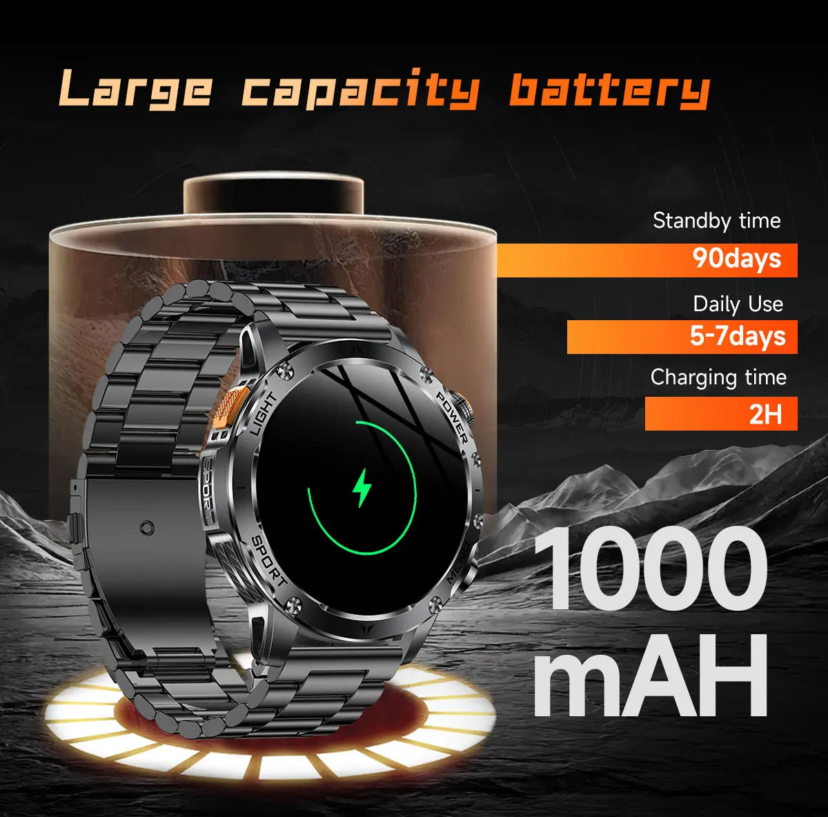 1.7" Large Screen Bluetooth Call Smart Watch Men‘s Sports Outdoor Flashlight 1000mAh Health Monitor Smartwatch for Man Male IP6