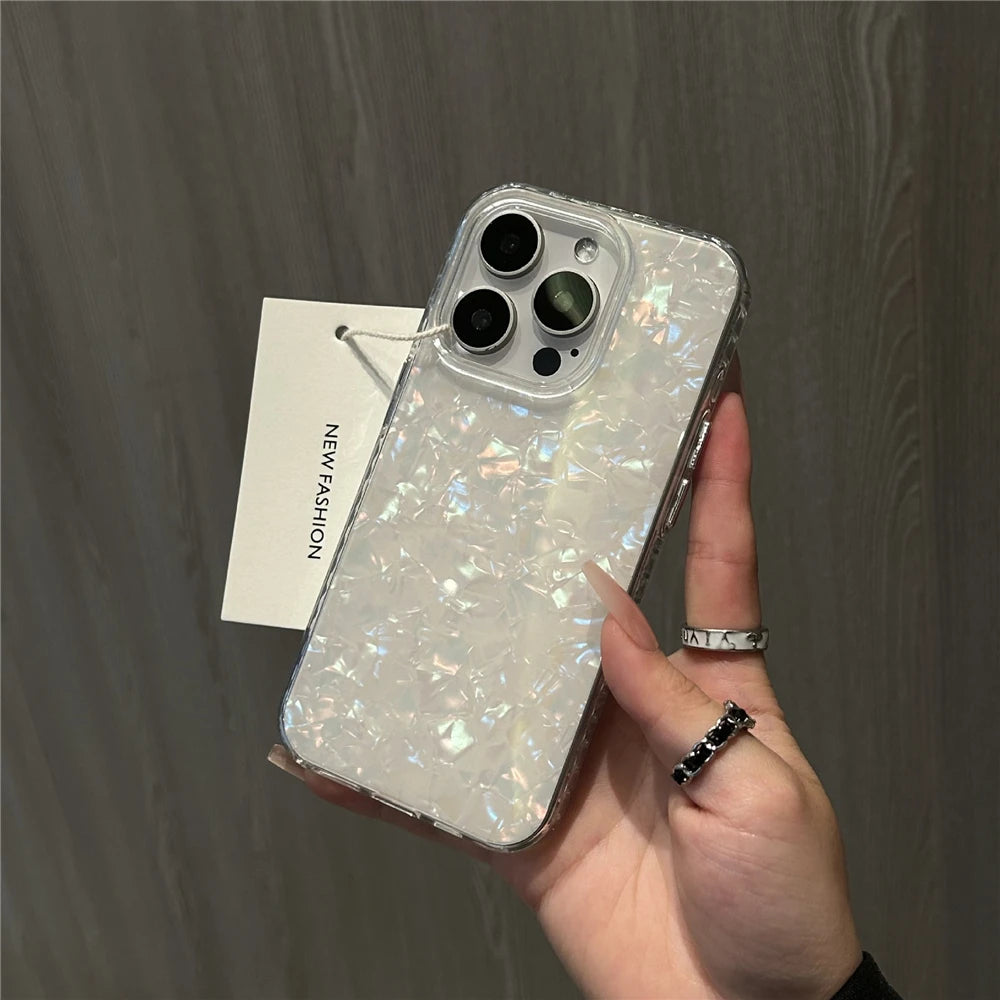 Luxury Glitter Shell Pattern Laser Case For iPhone 16 Pro Max 15 14 Plus 13 12 11 Aurora IMD Shockproof Protection Hard Cover