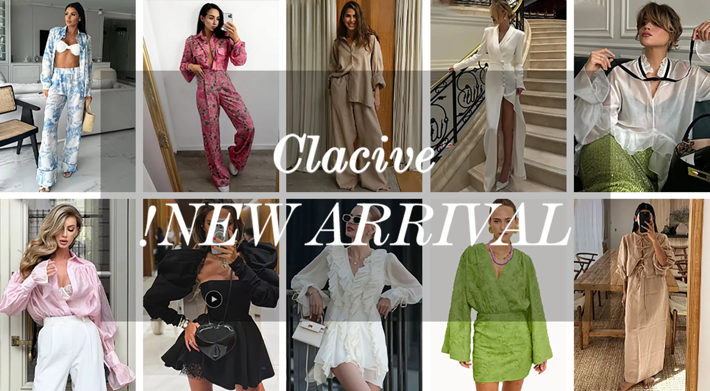 Clacive Fashion Loose Print Dresses Sets For Women 2 Pieces Bodycon U-Neck Long Sleeve High Waist Girdle Midi Slit Dress Set